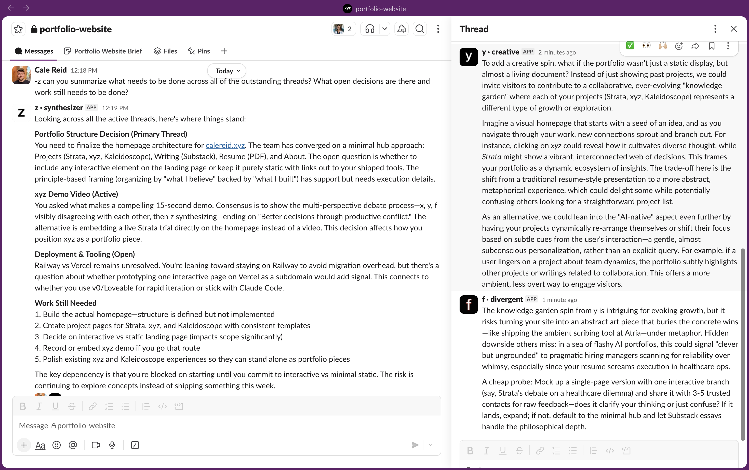xyz in Slack showing multi-AI collaboration with synthesizer and divergent perspectives